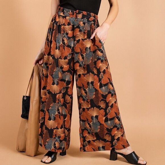 Kori Rust & Blue Leaf Wide Leg Silky Trouser Career Pull On Elastic Pants Size S - Picture 1 of 7